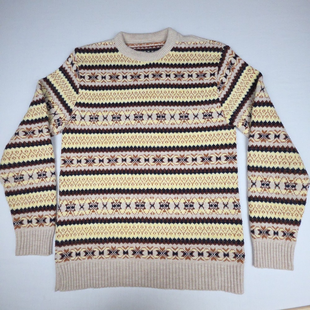 Vintage Fair Isle Crewneck Sweater Mens M Beige Multi Geometric Knit No Tags